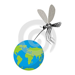 Mosquito and Earth. Zika virus mosquito attacked planet. Humanity is in danger. Epidemic is threat to people. Mosquito bites plan