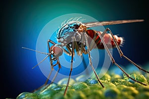 Mosquito on a green background. 3d illustration. Microscopic view. Generative AI