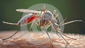 Mosquito on human shoulder. The mosquito is brown and red