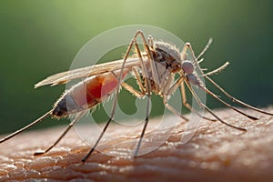 Mosquito on human shoulder. The mosquito is brown and red.