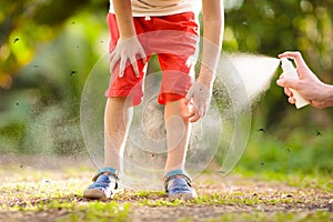 Mosquito on kids skin. Insect bite repellent