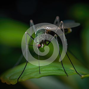 A mosquito perched on a leaf in extreme close-up created with Generative AI technology