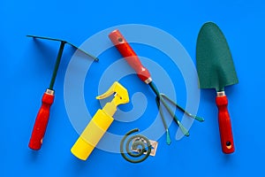 Mosquito protection for garden. Mosquito coil and spray near garden tools on blue background top view