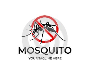 Mosquito in red circle with ban, logo design. Insect bloodsucking, nature and wildlife, vector