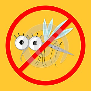 Mosquito. Red stop sign icon. Cute cartoon funny character. Insect collection. Yellow background. Flat design.