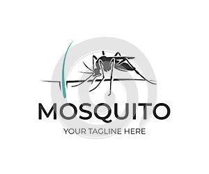 Mosquito sits on human skin with hair and follicle, logo design. Insect bloodsucking, nature, wildlife and healthcare, vector photo
