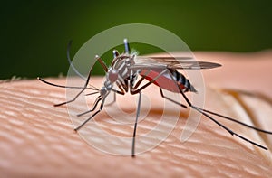 A mosquito sits on the skin, the abdomen is filled with red fluid, the mosquito has bitten a person. Leishmaniasis