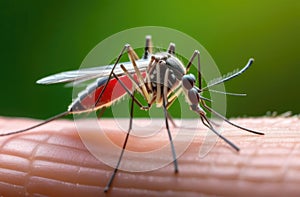 A mosquito sits on the skin, the abdomen is filled with red fluid, the mosquito has bitten a person. Leishmaniasis