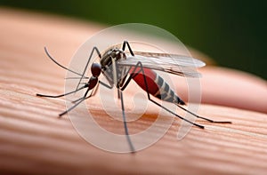 A mosquito sits on the skin, the abdomen is filled with red fluid, the mosquito has bitten a person. Leishmaniasis