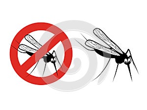 Mosquito on white background. Gnat silhouette. Symbol of Stop flying insects. Sign of ban on a mosquito repellent. photo