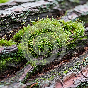 Moss and the bark highlighting the symbiotic relationship and the