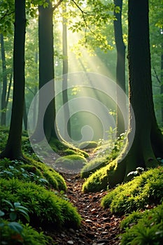 Moss carpeted forest floor with sunbeams filtering through trees peaceful scene forest floor
