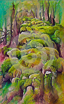 Moss Cascades in a Forest - Digital Art