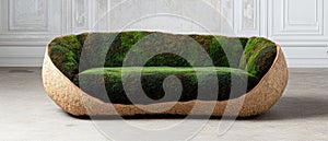 Moss-covered couch in a rustic interior