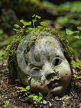 Moss-covered doll head in a forest setting