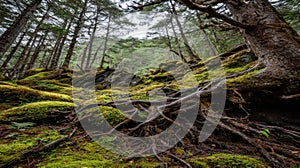 Ancient Forest Floor with Exposed Roots and Lush Moss