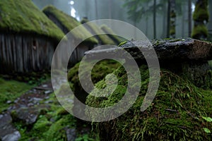 Moss-covered forest path in misty woods photo