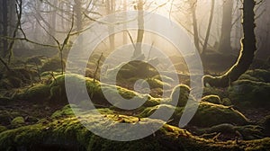 a moss covered forest with sunbeams shining through the trees