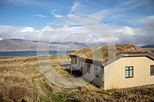 moss covered house on Videy Island in Iceland