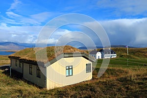 Moss covered house on Videy Island in Iceland