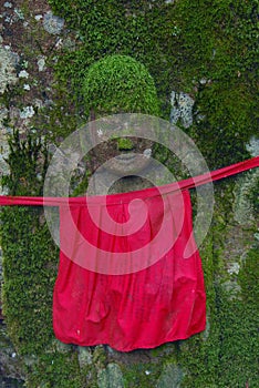 Moss covered jizo on tree