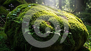 Moss covered rock in a forest setting bathed in dappled sunlight