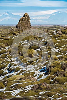 Moss-covered rock outcroppings in the Eldrhaun lava fields of Iceland photo