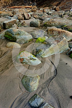 Moss covered rocks on beach.
