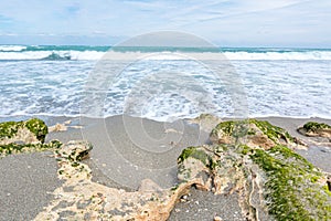 Moss Covered Rocks in the Sand on a beach with Waves Approaching