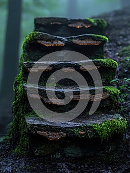 Moss-covered steps with fungus photo