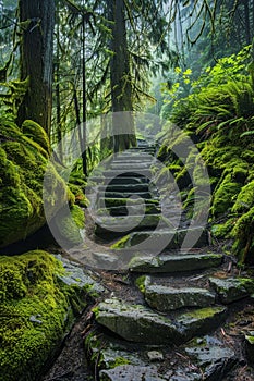 Moss-covered steps in lush forest