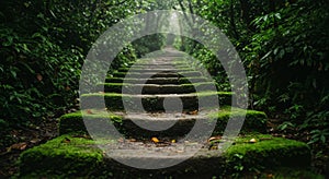 Moss Covered Stone Steps in a Lush Green Forest
