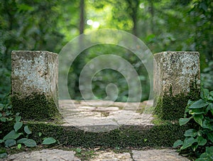Moss-covered stone steps in a lush green forest