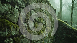 Moss-Covered Stone Wall in a Misty Forest