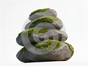 Moss-Covered Stones Stacked in a Tower on White Background