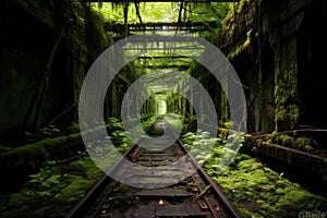 moss-covered tracks leading into a dark tunnel