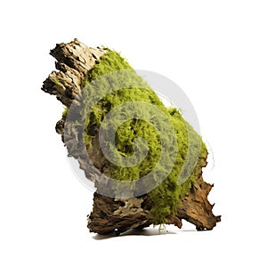 A moss-covered tree bark piece placed