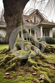 moss-covered tree roots sprawling across backyard lawn
