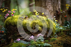 moss garden with blooming flowers and birds nest on tree trunk