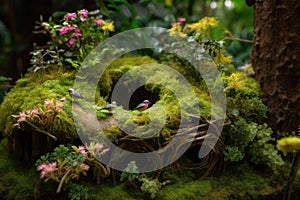 moss garden with blooming flowers and birds nest on tree trunk