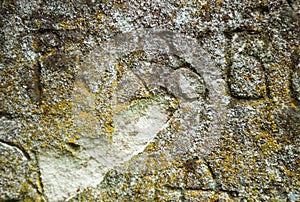 Moss-grown surface of the old stone cross