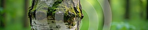 Moss and lichen on birch tree trunk in forest trunk moss