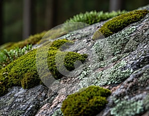 Moss and lichen forming organic pattern on uneven stone.
