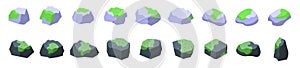 Moss stones icons set isometric vector. Swamp lichen rock