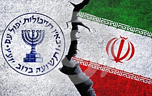 Mossad vs Iran concept flags on a wall with a crack