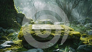 On a mosscovered altar in the middle of a mystical forest a scroll engraved with mystical symbols reveals the recipe for photo