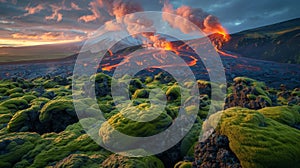 Mosscovered boulders dot the landscape as a distant volcano spews molten lava into the air. The contrast between the photo