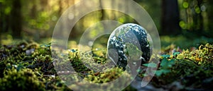 A Mosscovered Globe Rests In A Forest, Symbolizing Earths Preservation