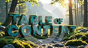 Mossy 3D Table of Content Text in Bright Forest