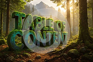 Mossy 3D Table of Content Text in Sunlit Forest